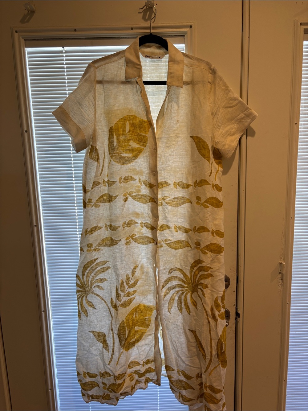 Zara White Linen Button-Front Dress with Mustard Botanical Print